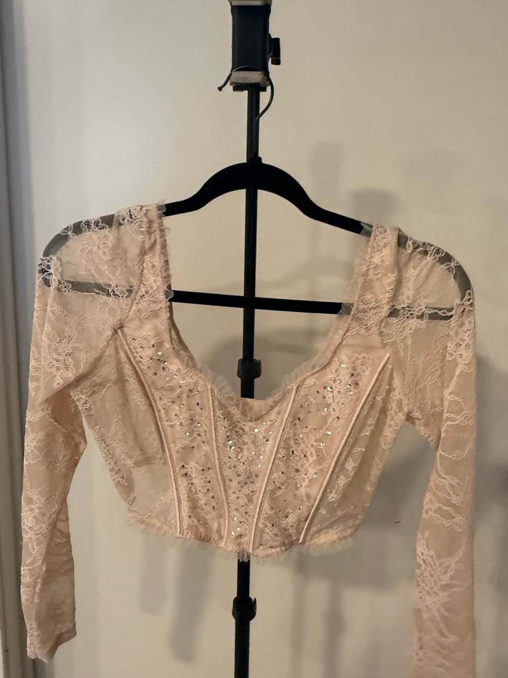 Victoria's Secret Cream Lace Long-Sleeve Crop Top with Sparkle